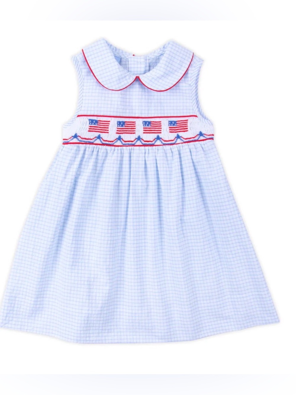 Classic Whimsy blue windowpane patriotic smocked dress, 3t
